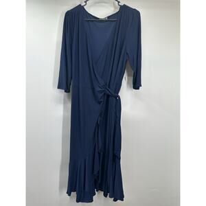 Kiyonna Womens Plus Size 1X Whimsy Wrap Dress V Neck Ruffle Hem Navy USA Made